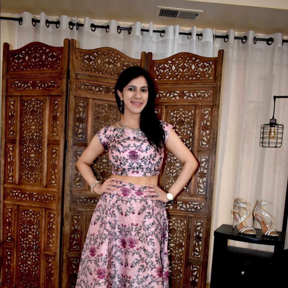Two piece lengha skirt blouse pink floral xs